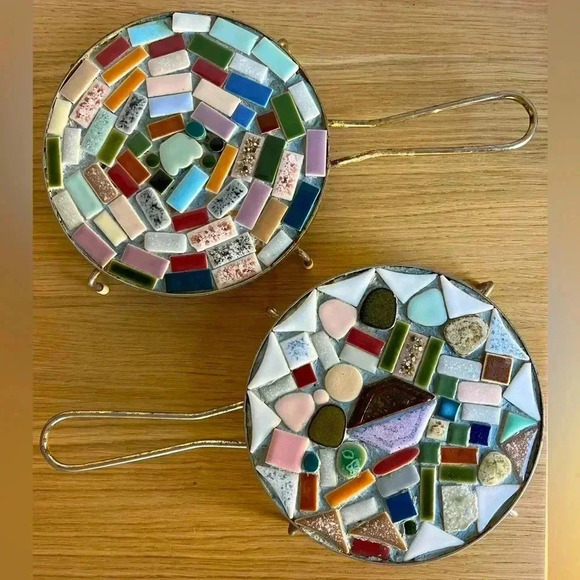 Other - Set of 2 MCM Mosaic Tile Trivets with Metal Handles - 6 Inches